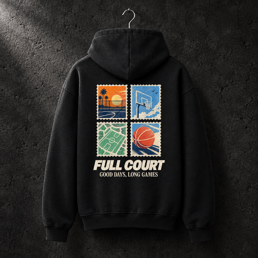 FULL COURT Hoodie-Mockup vor Betonwand