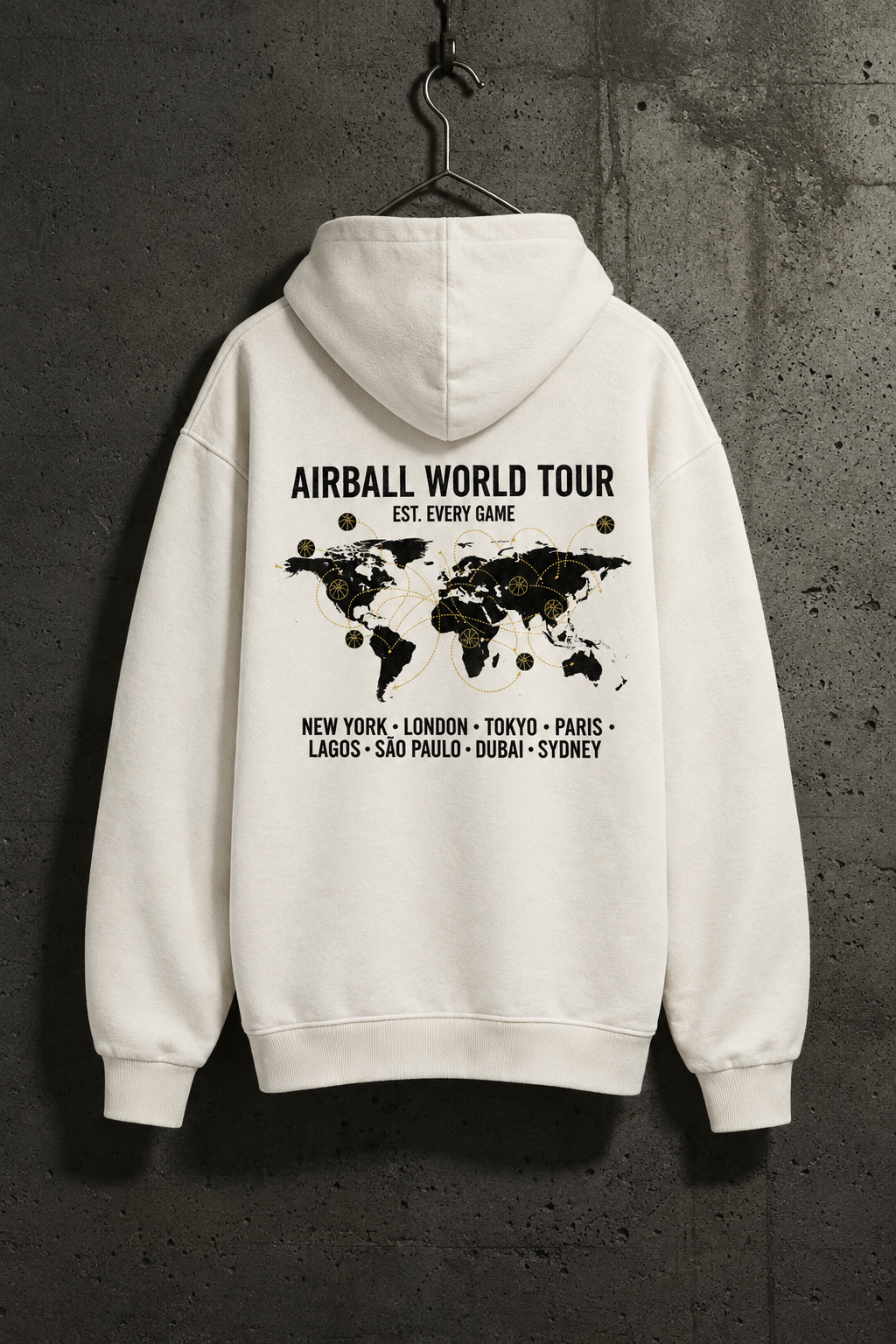 Natural-Raw-AIRBALL WORLD TOUR Oversized Hoodie im Betonwand-Mockup