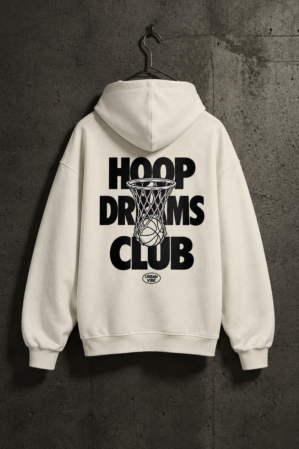 Natural-Raw-HOOP DREAMS CLUB Oversized Hoodie im Betonwand-Mockup