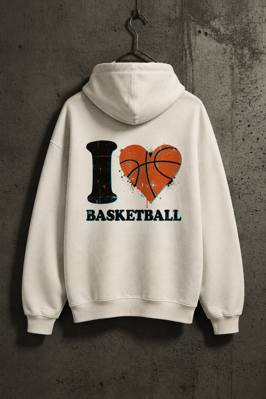 Natural-Raw-I LOVE BASKETBALL Oversized Hoodie im Betonwand-Mockup