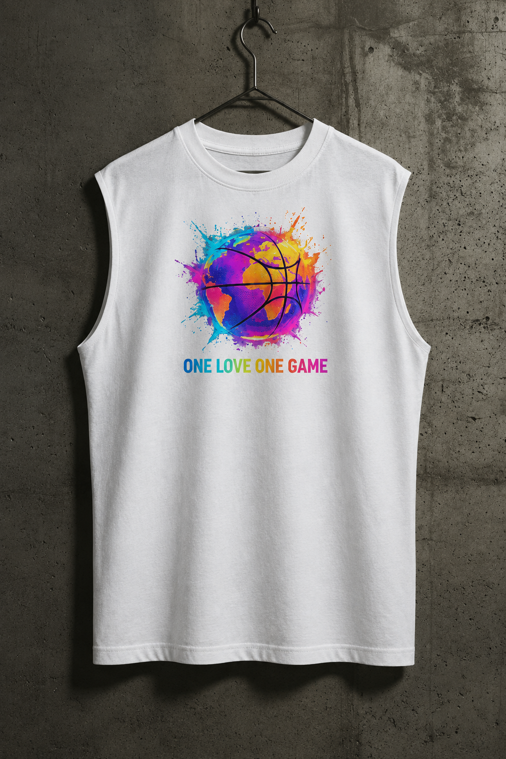 ONE LOVE ONE GAME Sleeveless Tee mit Frontprint im Betonwand-Mockup