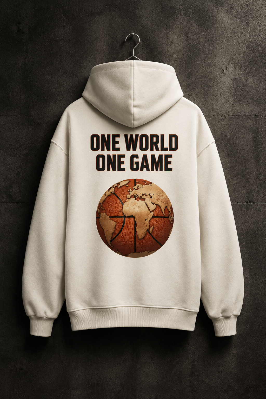 ONE WORLD ONE GAME Oversized Hoodie am Metallbügel vor dunkler Betonwand