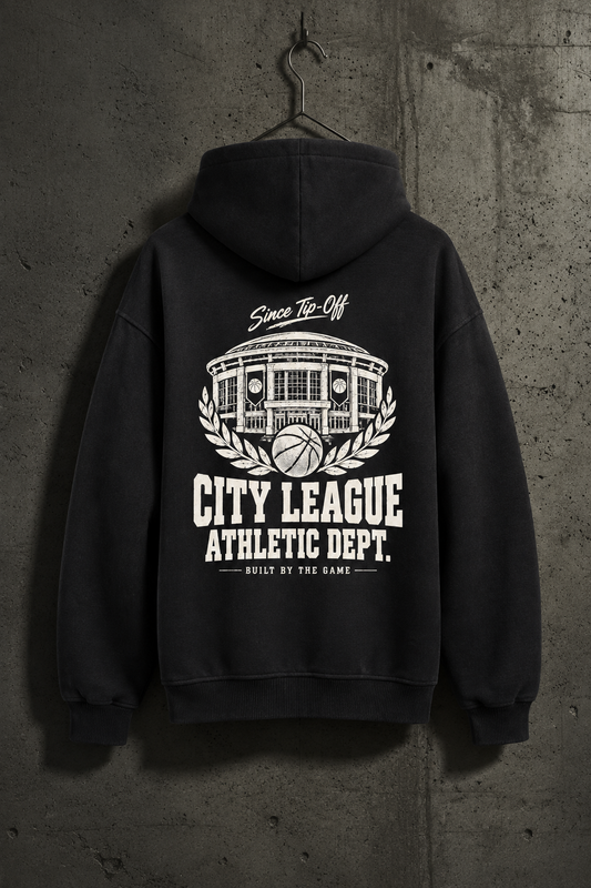Schwarzer CITY LEAGUE Oversized Hoodie im Betonwand-Mockup