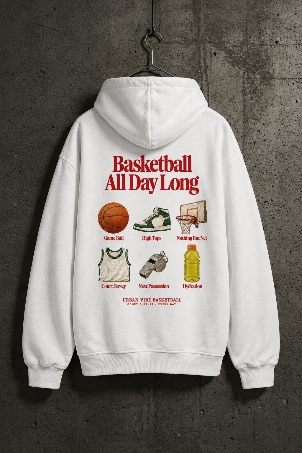 Weißer BASKETBALL ALL DAY LONG Oversized Hoodie im Betonwand-Mockup