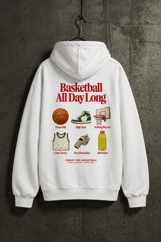 Weißer BASKETBALL ALL DAY LONG Oversized Hoodie im Betonwand-Mockup