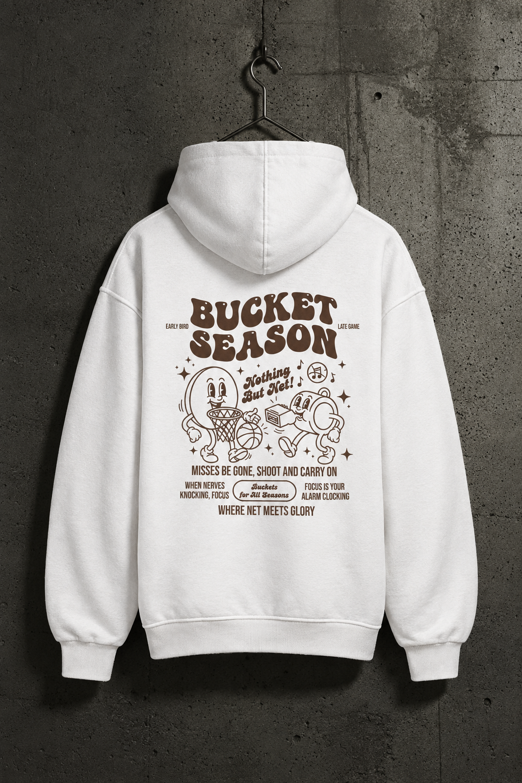 Weißer BUCKET SEASON Oversized Hoodie im Betonwand-Mockup