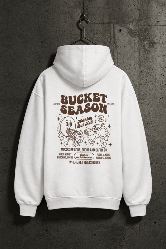 Weißer BUCKET SEASON Oversized Hoodie im Betonwand-Mockup