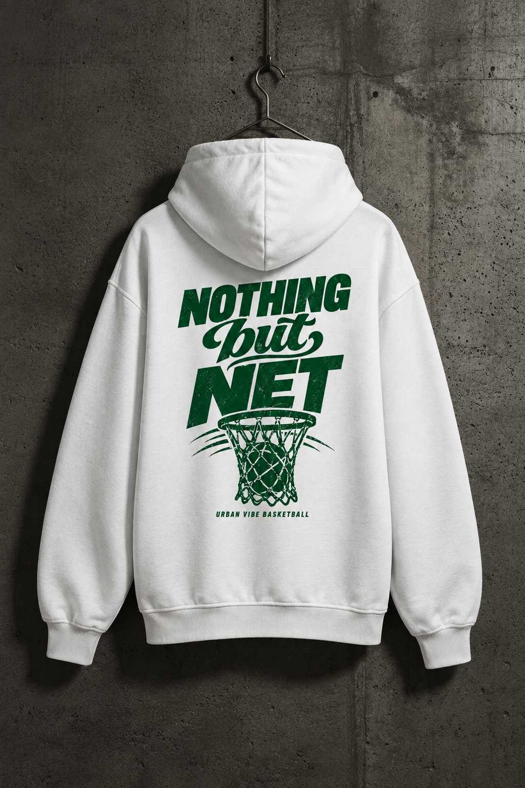 Weißer NOTHING BUT NET Oversized Hoodie im Betonwand-Mockup