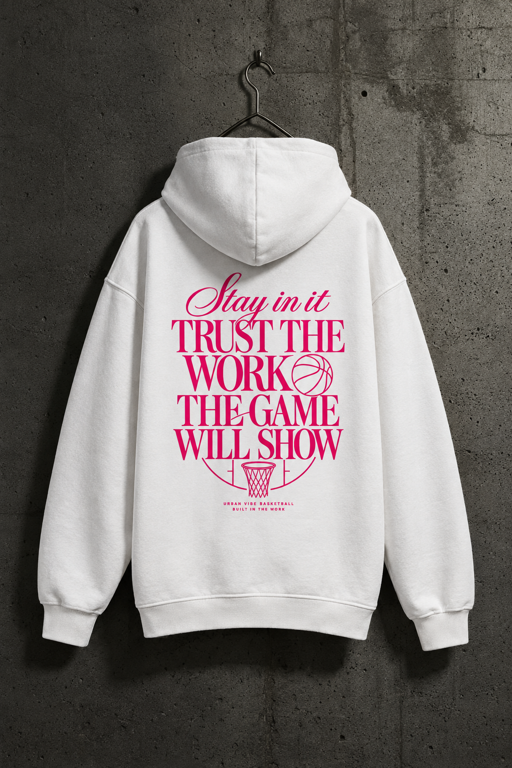 Weißer STAY IN IT Oversized Hoodie im Betonwand-Mockup