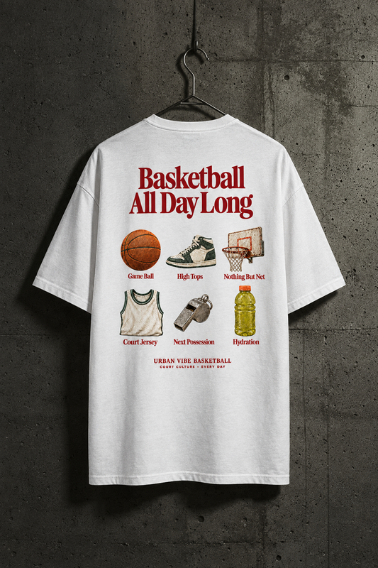 Weißes BASKETBALL ALL DAY LONG Oversized Shirt im Betonwand-Mockup