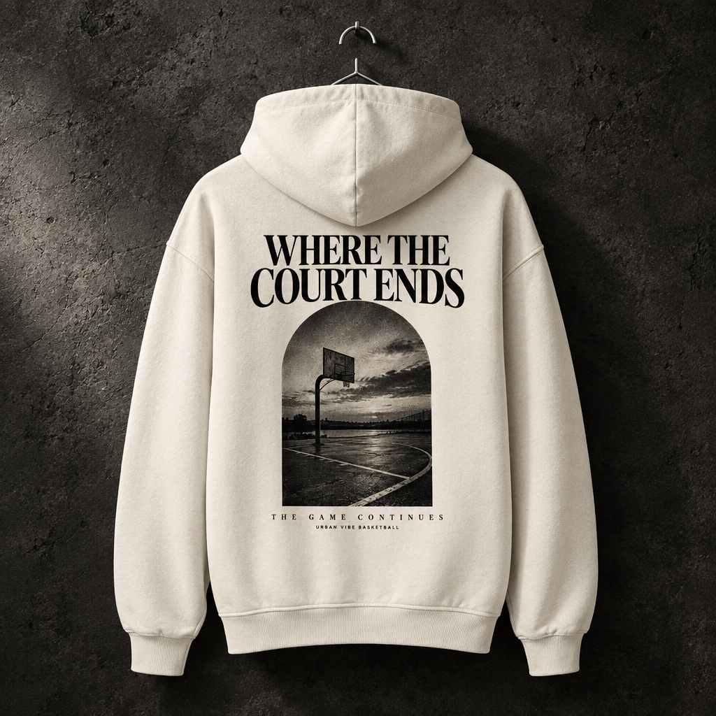 WHERE THE COURT ENDS Hoodie-Mockup am Metallbügel